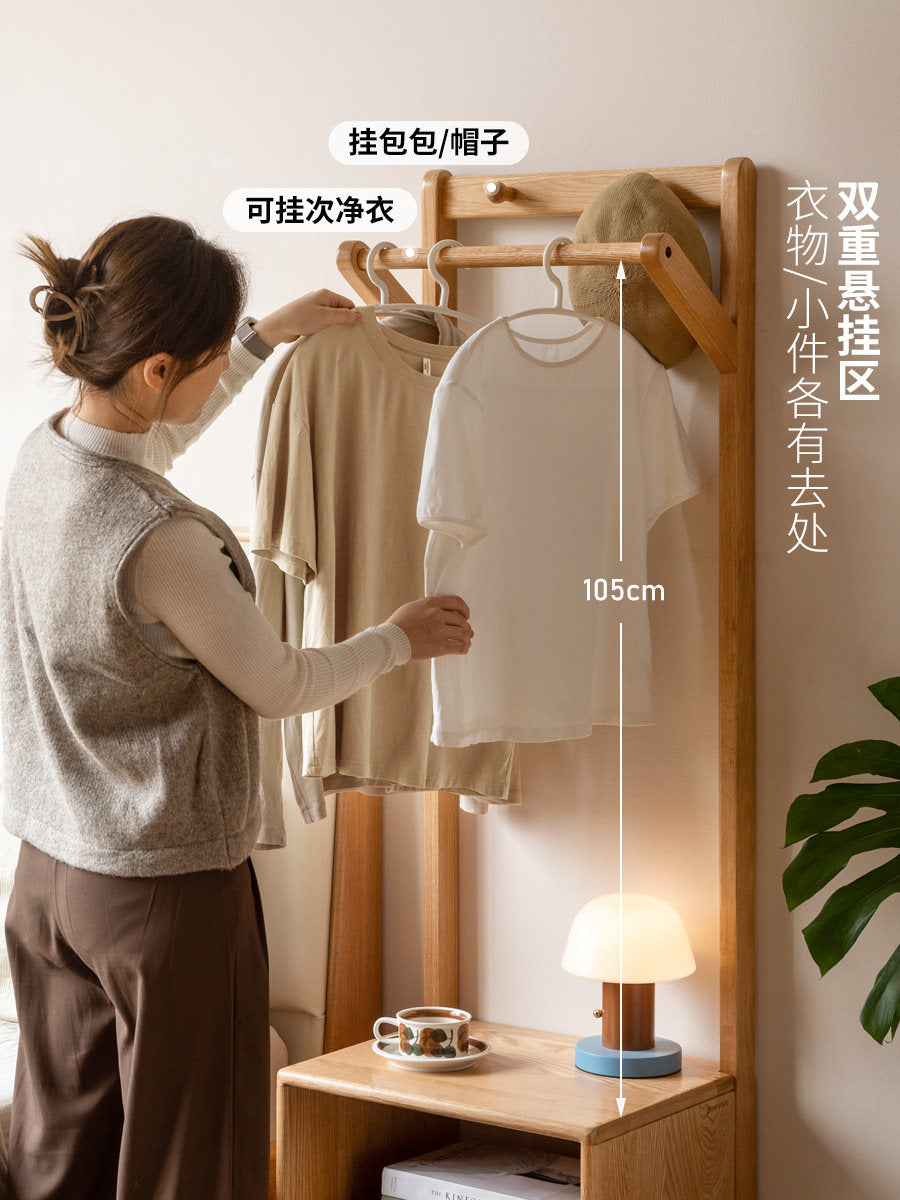 Solid wood coat rack and chest of drawers combo, Nordic style bedroom oak clothes rack, floor-standing storage shelf.